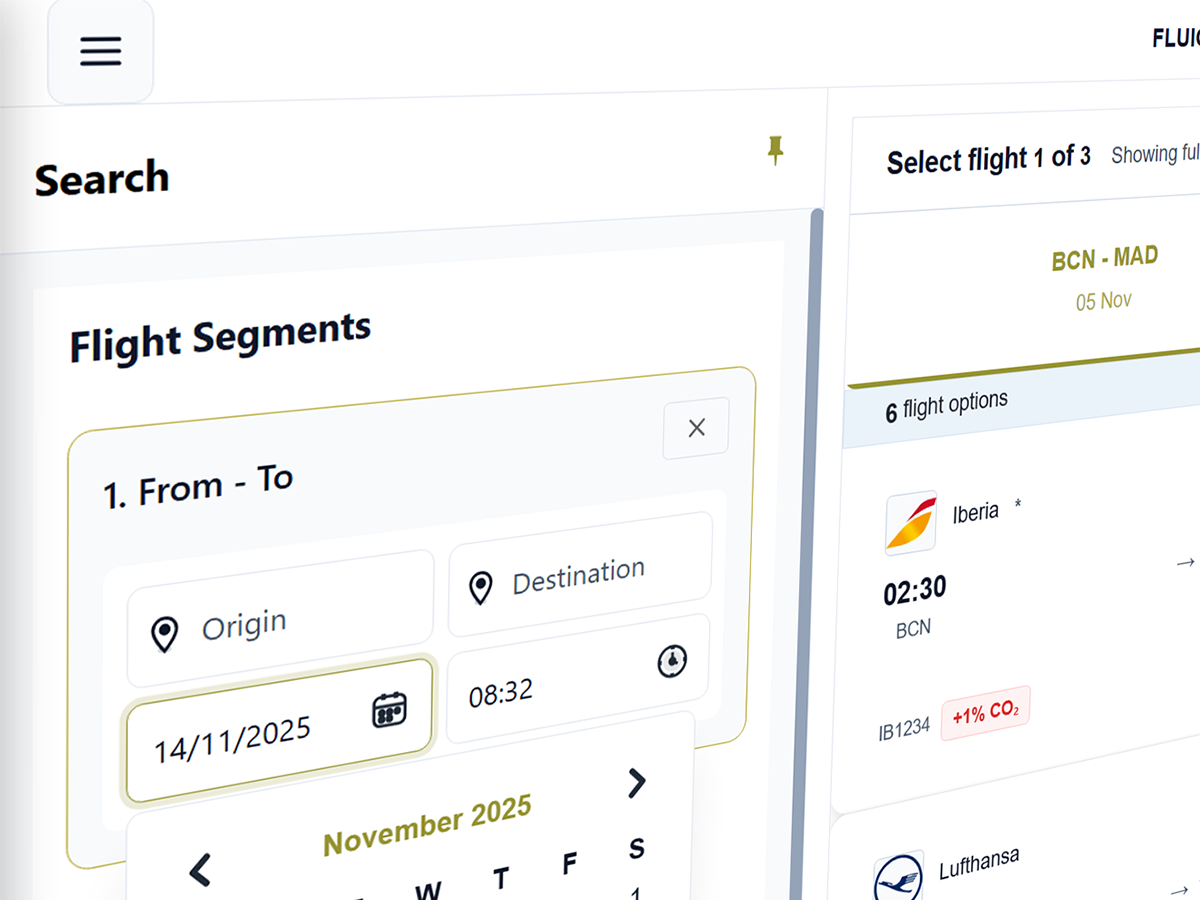 Fluight application mockup showing a flight selector